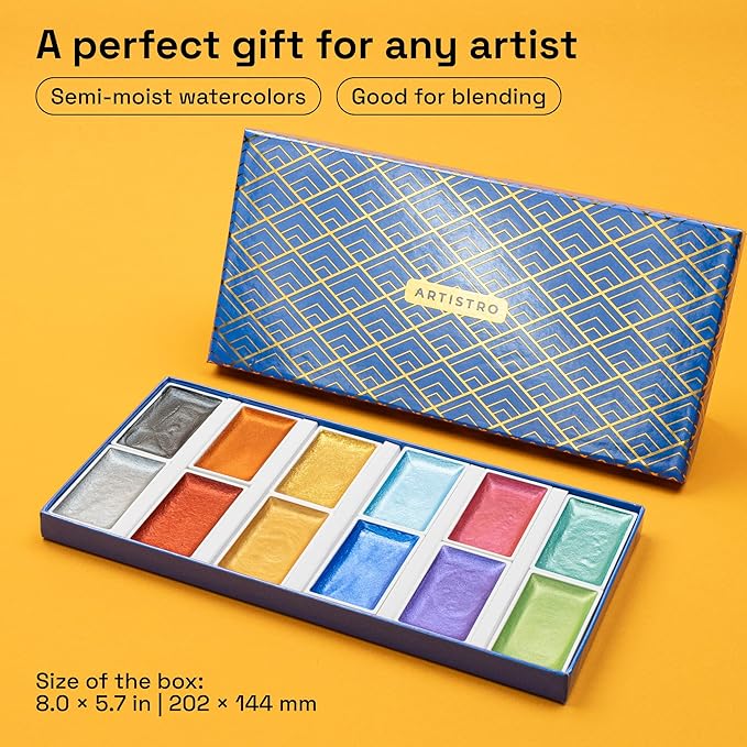 ARTISTRO Professional Metallic Watercolor Paint Set for Adults - 12 Pigment-Rich Metallic Colors, XL Pans, ASTM-I Lightfastness, High Tinting Strength Watercolor Set for Professionals made by professionals