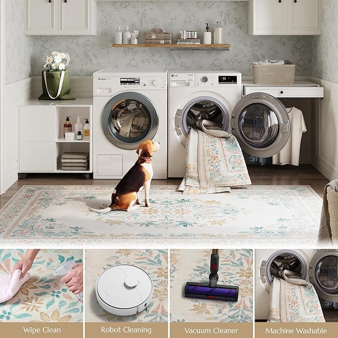 jinchan Vintage Floral 3x5 Area Rugs for Entryway - Machine Washable Distressed Design Ultra-Thin Low-Pile Soft Non-Shedding Carpet for Kitchen Bedroom Laundry Living Room (3x5ft,Apricot Multi)