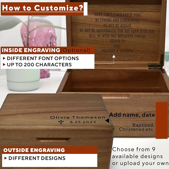 First Communion Personalized Gifts - Custom Engraved In Baptism Keepsake Box, Christening Storage Chest for Baby, Customized Baptism Gift for Girl, Personalized Confirmation Memory Box, 8x6x4 in