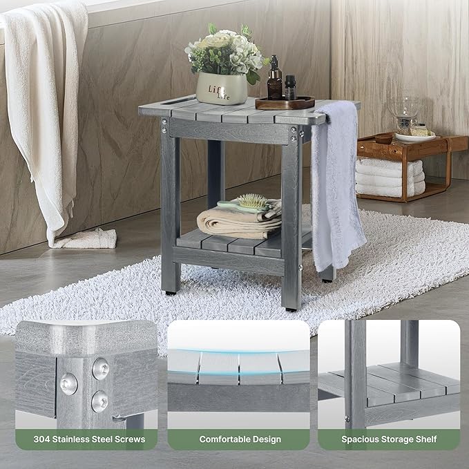 HDPE Shower Bench Seat Capacity 300LB, Waterproof Bathroom Stool with Side Carry Holes, Compact 16.8" L Design, Non-Slip Shower Seat for Elderly, Shaving Legs & Spa - Indoor/Outdoor Use (Gray)