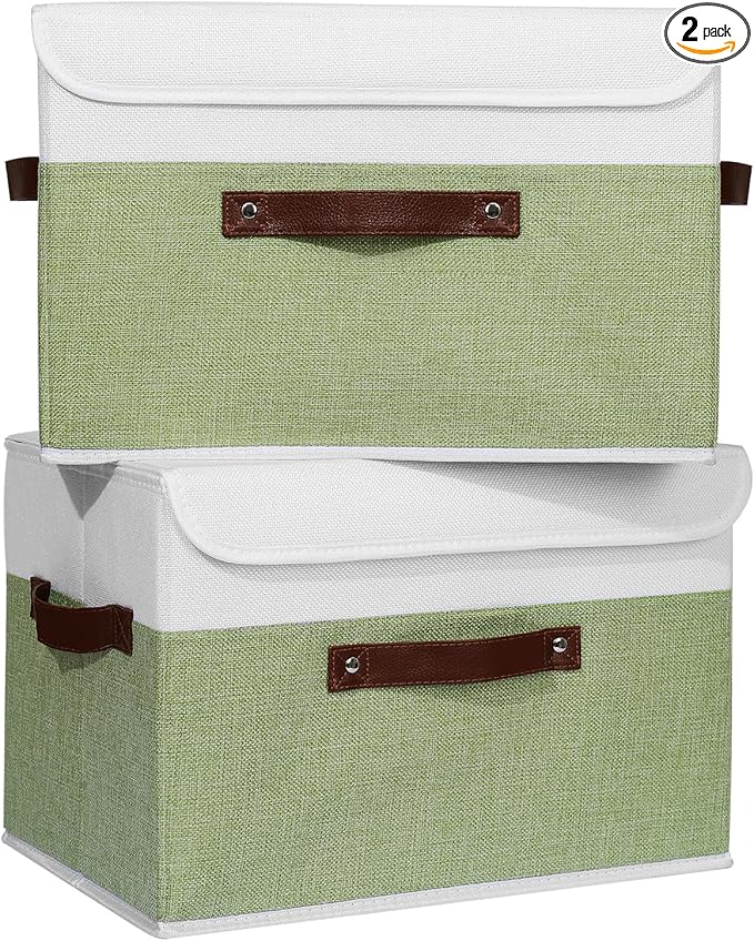 ANMINY 2PCS Storage Boxes with Lid Washable Decorative Storage Bins Basket with PU Leather Handle Foldable Linen Fabric Storage Cubes Containers for Home Closet Organizer - Green White, Large Size