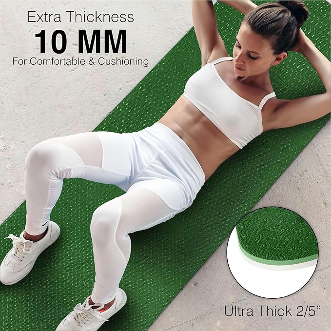 Extra Thick Exercise Yoga Mat with Strap - 2/5 Inch (10MM), Non-Slip Workout Mat for Yoga, Pilates, and Floor Exercises
