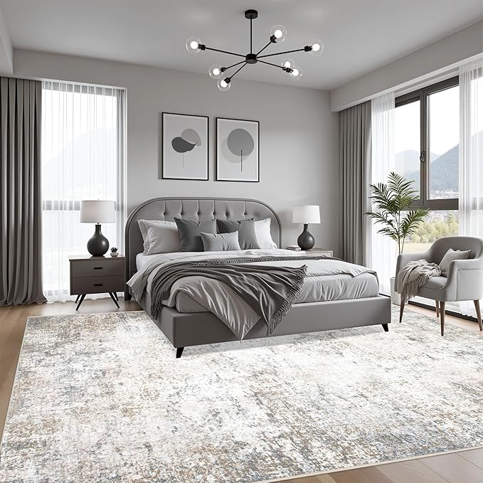 6x9 Area Rug Living Room Rug: Washable Modern Abstract Soft Thin Rug Indoor Floor No Slip Stain Resistant Carpet for Bedroom Dining Room Farmhouse Nursery Home Office - Brown Grey