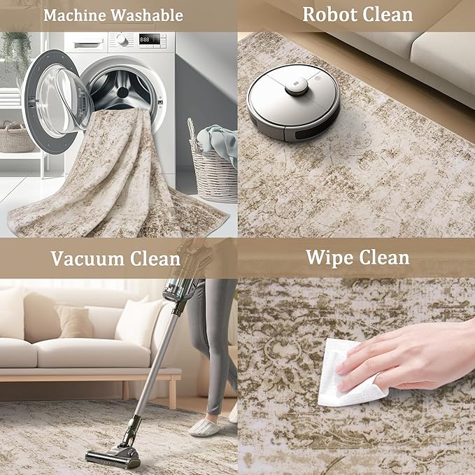 9x12 Area Rug Living Room Rugs - Washable Rug Large Modern Abstract Soft Thin Carpets Indoor Floor No Slip Vintage Carpet for Bedroom Under Dining Table Nursery Home Office Decor Beige