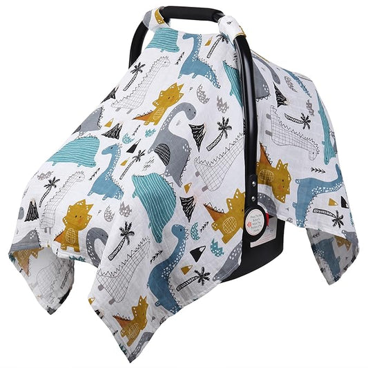 Rquite Dinosaurs Carseat Cover - Muslin Cotton Infant Car Seat Canopy, Breathable Baby Carrier Cover, Summer Stroller Sun Shade