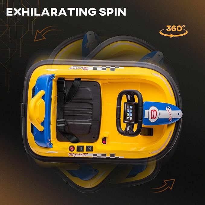 Aosom Toddler Bumper Car, 360° Rotation 6V Kids Electric Ride on Bumper Car with EVA Bumper Edges, Twins Motor, Songs, Horn, LED Lights, Safety Belt for 18-48 Months, Yellow