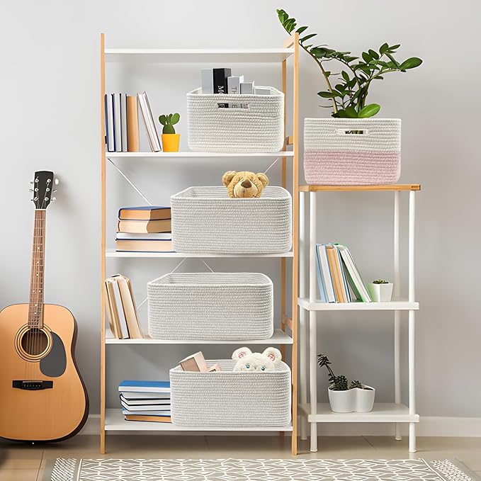 COMFY-HOMI Cotton Rope Woven Basket with Handles for Shelves,Toys,Book, Cloth Storage Baskets for Organizing-17" x 13" x 7.5" Toy Decorative Organizer for Living Room, Bathroom （All White）