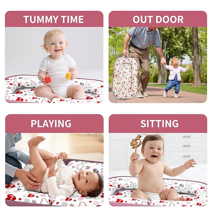 Baby Lounger, Foldable Infant Nest Pillow with Soft Memory Foam Mat, Cover with Adorable Pattern, Converts to Backpack for Easy Travel, 0-12 Months, Pink