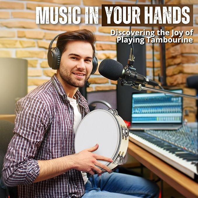 Flexzion Wood Handheld Tambourine for Adults 8-Inch Double Row 8-Pair Jingles (Wood) - Percussion Round Tamborines Musical Instrument with Metal Zills