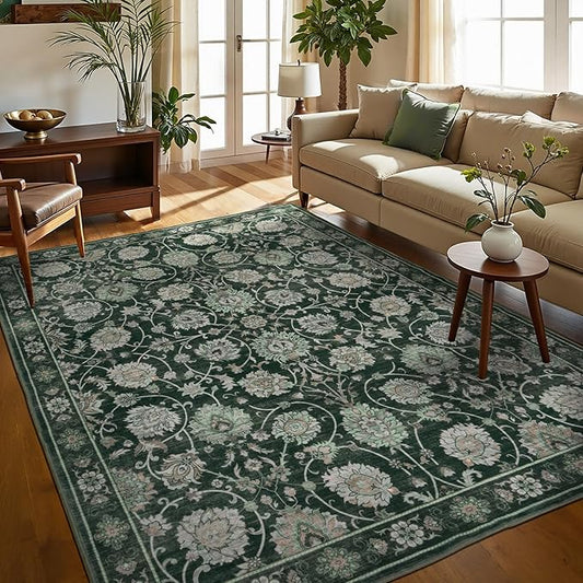 Floral Washable Area Rugs 5x7, Vintage Rug for Living Room, Large Bedroom Carpet, Non Slip Low Pile Ultra Soft Carpets for Indoor Dining Home Nursery Playroom Under Table, Dark Green