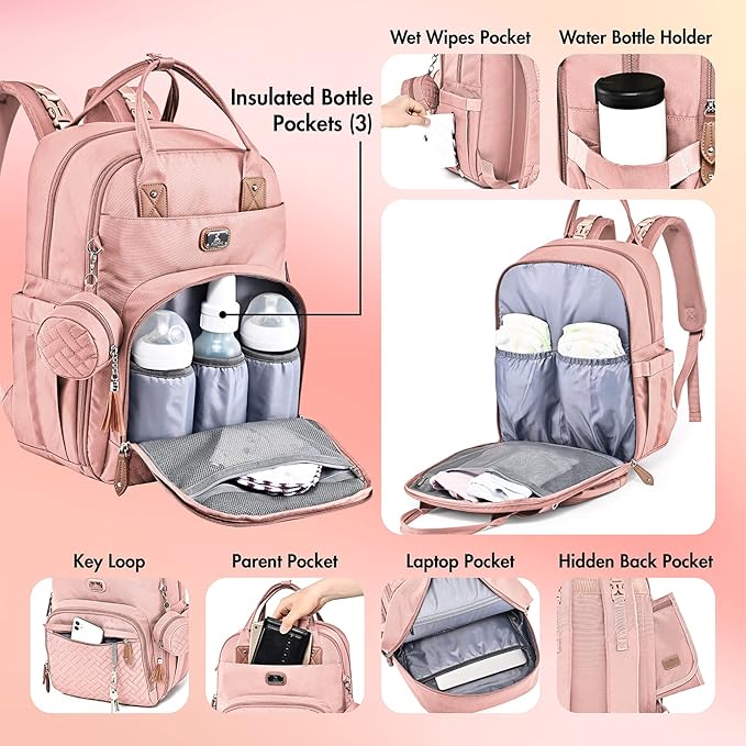 Dikaslon Diaper Bag Backpack with Portable Changing Pad, Pacifier Case and Stroller Straps, Large Unisex Baby Bags for Boys Girls, Multipurpose Travel Back Pack Moms Dads, Pink