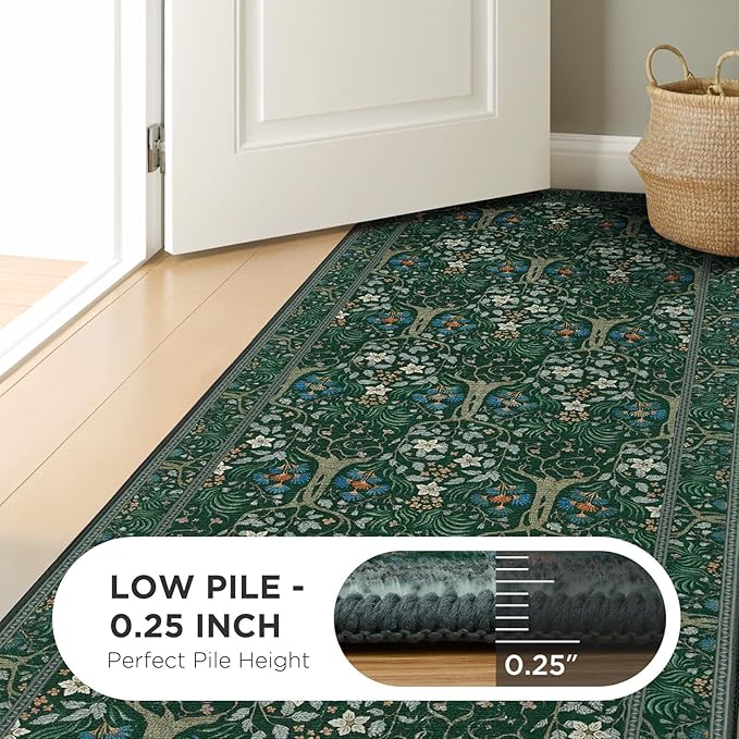 Joydeco Boho Floral 8x10 Area Rugs for Living Room, Washable Dark Green Rug Non Slip, Soft Large Low-Pile Botanical Forest Indoor Floor Throw Carpet for Bedroom Nursery Dining Office