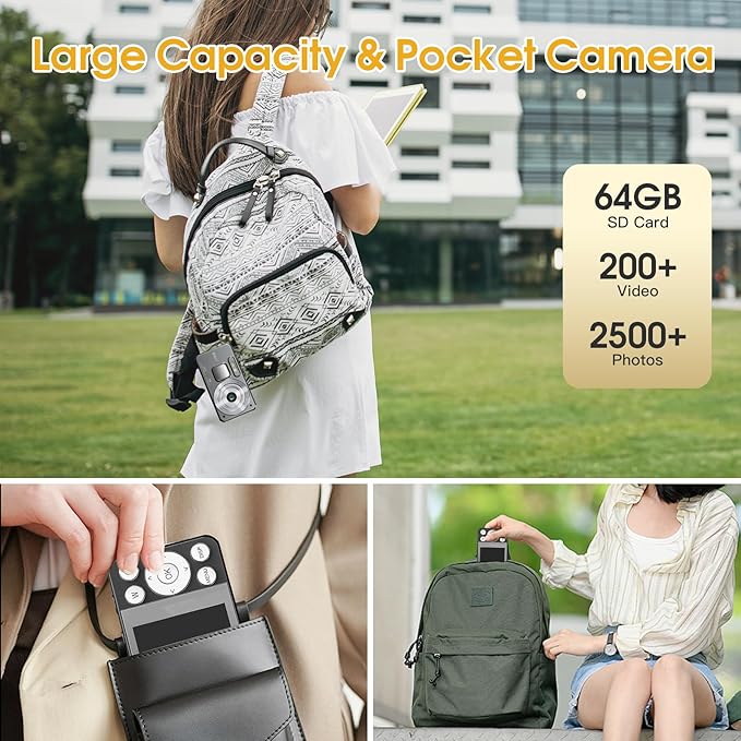 4K Digital Camera for Teens, FHD 64MP Digital Camera for Kids with 64GB SD Card, 18X Digital Zoom Cameras for Photography, Point and Shoot Video Camera for Kids, Black