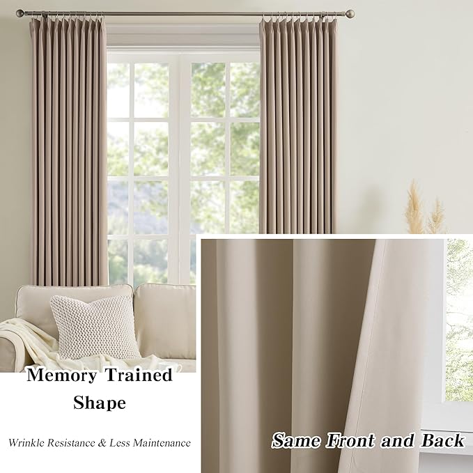 KEQIAOSUOCAI Pinch Pleated Curtains 132 Inch Long 11 FT Tall Curtains for Living Room Bedroom Thermal Memory Trained Pleated Viral Window Drapes with Hooks(Khaki,40W x 132L x 2 Panels)