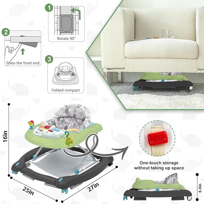 Foldable Baby 5-in-1 Activity Walker - Rocker, Activity Center, Bouncer, Seat Walker, Push Walker - Adjustable Speed Rear Wheels and Height Toys Ages 6-18 Months… (Green)