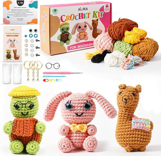 A-URA Learn to Crochet Kit for Beginners Kids and Adults, Premium 3 Animal Pattern Large Size Beginner Crochet Kits with Easy Tube Yarn & Step-by-Step Video Tutorials (Safari Friends–Larger Plushies)