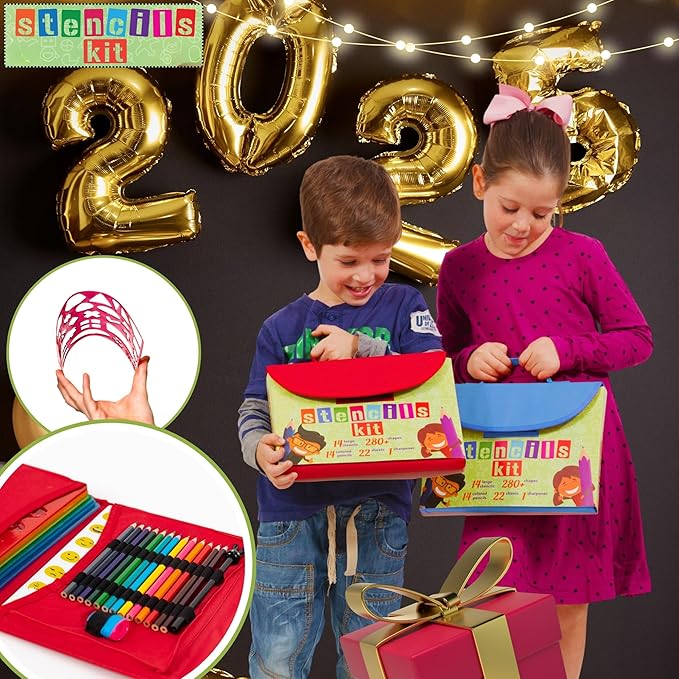 Drawing Stencils Set for Kids (55 Piece) - Arts and Crafts Set for Girls & Boys - Christmas & Birthday Gifts for Kids 4 5 6 7 8 9+ Year Old - Ideal Creativity Kit & Travel Activity with 300+ Shapes