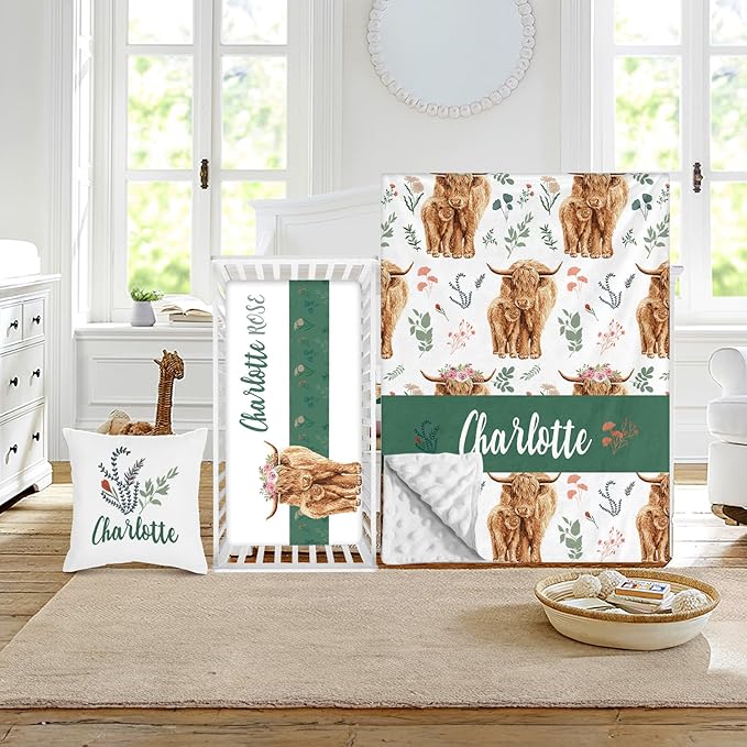 Custom Crib Bedding Set - Highland Cow Design Personalized Name Baby Nursery Bed 3 Pcs Set - Chic Soft Blanket with Dotted Backing, Sheet, Pillowcase for Newborn Girls Boys Gifts Color04