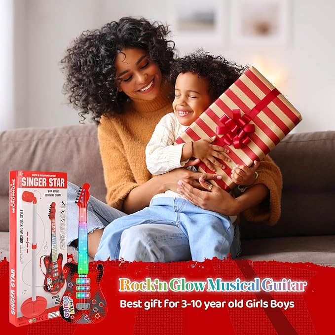 Kids Guitar and Microphone Playset with 4 Strings, Electric Guitar Kit with Lifting Mic Stand, Toddler Toys Musical Instruments Starter Kit, Karaoke Machine Toys for Boys Girls Christmas Guitars Gifts