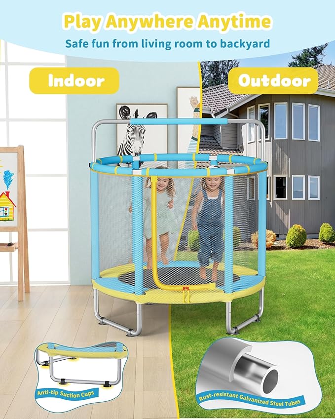 55” Trampoline for Kids, Powder-Coated Mini Trampoline for Toddlers, Indoor Outdoor Toys with Adjustable Gymnastics Bar, Swing, Basketball Hoop, Birthday Gifts for Boys & Girls Ages 1-8