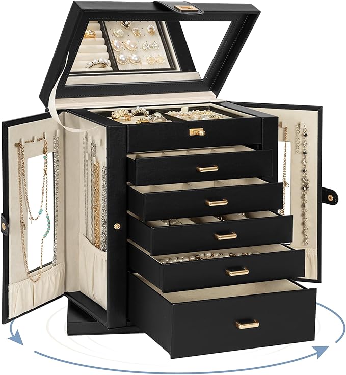 AKOZLIN Jewelry Box 6-Tier Organizer Functional 360° Rotating Jewelry Storage Case for Women Girls Ring Necklace Earring Bracelet Holder with Mirror