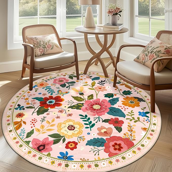 Floral 6ft Area Rug Machine Washable Soft Print Boho Carpet Non Slip Doormat Low Pile Flower Area Rugs for Living Room Bedroom Nursery Kitchen Dining Room Indoor-Pink