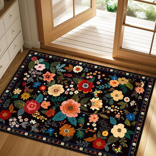 Floral 2x3 Area Rug Machine Washable Soft Print Boho Carpet Non Slip Doormat Low Pile Flower Area Rugs for Living Room Bedroom Nursery Kitchen Dining Room Indoor-Black
