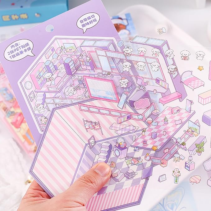 DIY 3D Sticker Scene 4 Sets of Reuseable and Waterproof Stickers Make Your Own Shop Scenes Sticker Cute Miniature Cartoon Stickers for Kids Adult