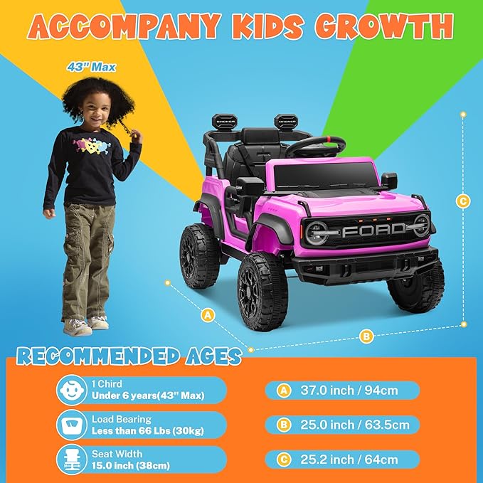 ENYOPRO 12V Ford Bronco Raptor Ride On Car for Kids, Electric Power Car Ride-On Toy for Toddlers w/Remote Control, 4 Wheels Spring Suspension, Bluetooth Music, Radio, LED Lights, 2 Speed (Pink)