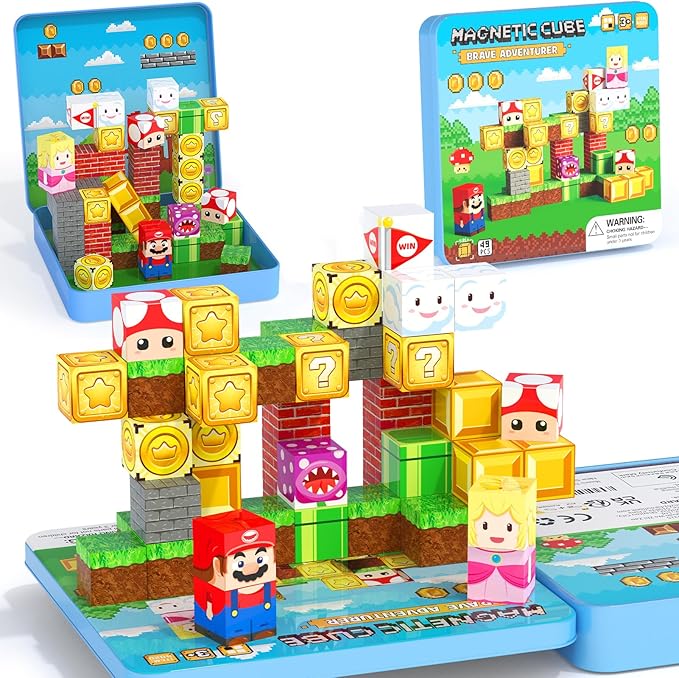 49PCS Mini Magnetic Tiles Travel Toys for Kids Ages 4-8, Magnetic Building Blocks Adventure Set with Portable Iron Storage Box & Play Base, STEM Learning Activities for Toddlers 3-5