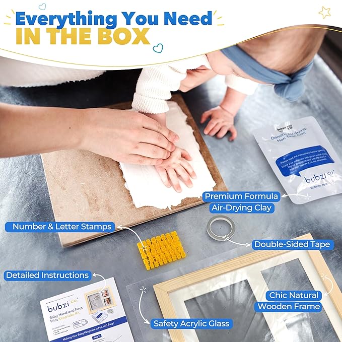 Baby Footprint Kit, Newborn Foot and Hand Print Kit, Infant Keepsake Frame, Nursery Pictures Frames, Infant Handprint, New Mom Gifts, Newborn Essentials Must Haves, Baby Shower Gifts (Natural Wood)