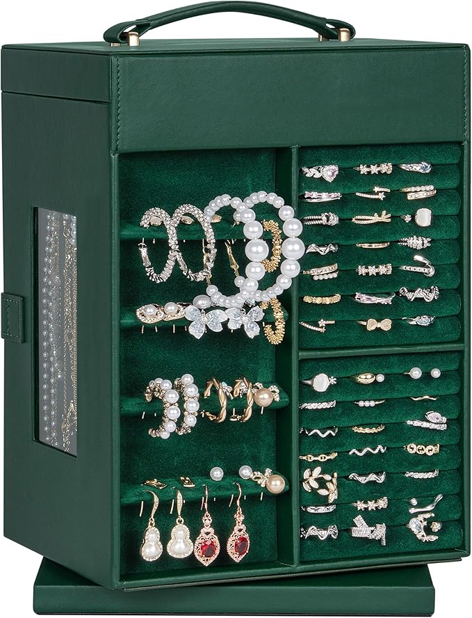 AKOZLIN 360° Rotating Jewelry Box 6-Tier Organizer Functional Jewelry Storage Case for Women Girls Ring Necklace Earring Bracelet Holder with Mirror