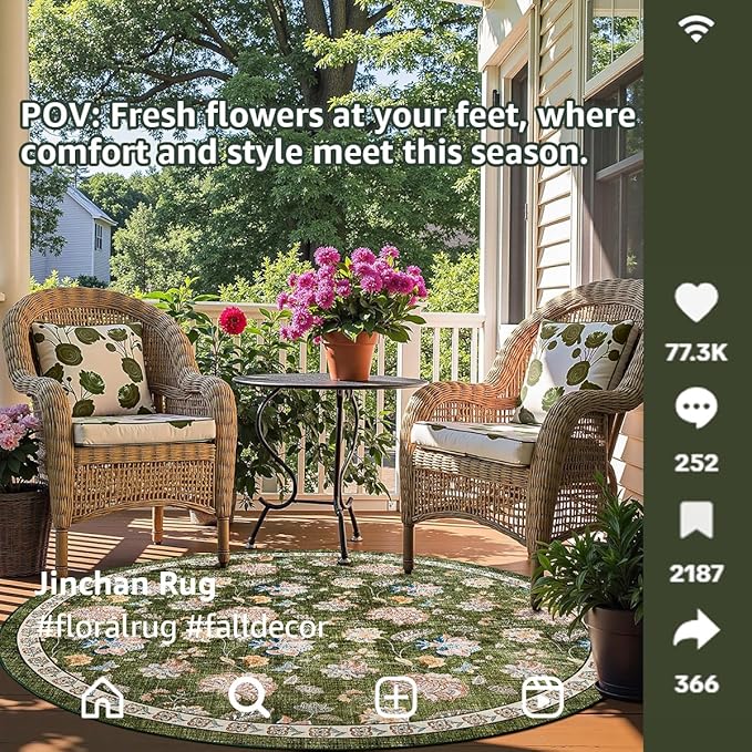 jinchan 4ft Floral Round Rug for Entryway Washable Kitchen Rug Vintage Romance Design Non Slip Indoor Doormat Lightweight Low-Profile Throw Carpet for Living Room Dining Room Bedroom, Green