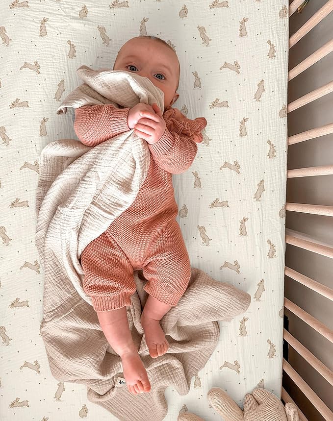 Bassinet Sheet for Baby Boy and Girl 2 Pack, Fitted Sheets for Rectangle, Oval, Hourglass Bassinet Mattress, Muslin Moses Basket Sheets with Neutral Style (Hopping Bunnies & Beige)