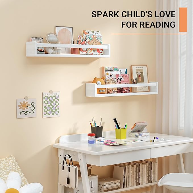 Heimlove Nursery Floating Shelves, White Nursery Book Shelves for Wall, 24 inch Wall Bookshelf for Kids Solid Wood Wall Mounted Shelves for Books,Toys and Decor Storage, Set of 3