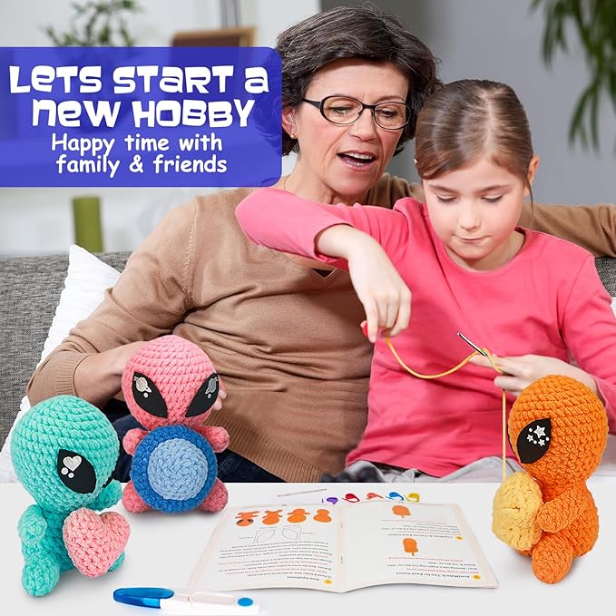 ekaus Crochet Kit for Beginners, Crochet Kit with Step-by-Step Video Tutorials, Crochet DIY Knitting Supplies for Adults Kids, Crochet Aliens(45%+ Yarn)