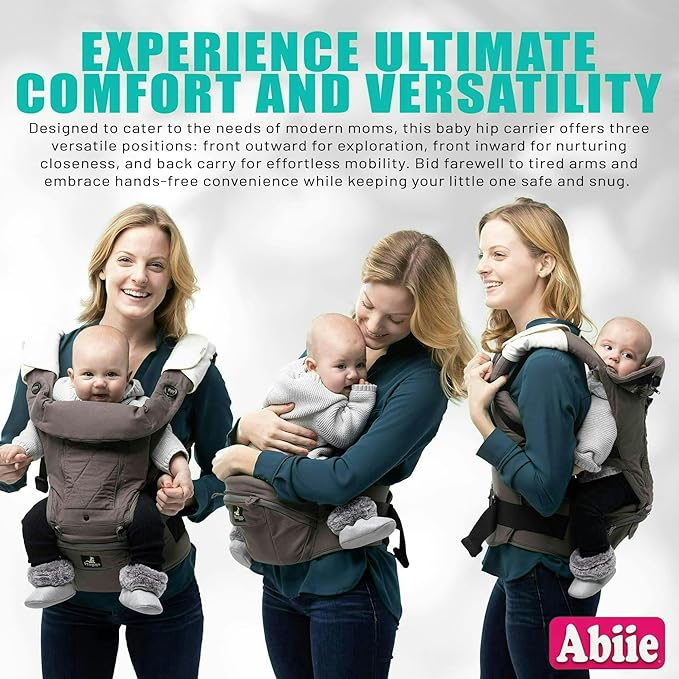 Abiie HUGGS 3-in-1 Baby Carrier with Hip Seat - Front Facing, Hip Hugger, Back Baby Carrier - Healthy Sitting (M) Position, 3 Mos.-Toddler - Buckle Type Closure - Approved by US Safety Standards