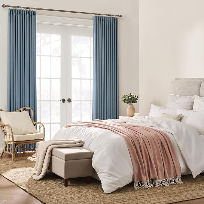 KEQIAOSUOCAI Pinch Pleated Blackout Curtain Drapes for Window 100" L - Triple Weave Energy Saving Thermal Room Divider Blackout Panels for Patio (72" Wide per Panel, 2 Panels, Dusty Blue)