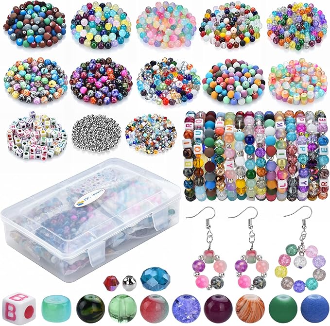 Glass Beads for Jewelry Making,1400Pcs Over 120 Different Pattern Beads Bulk, Include Crystals Beads, Crackle Beads, Letter Beads, Bicone Bead, Spacer Beads for Bracelet Earring Necklace DIY Crafts