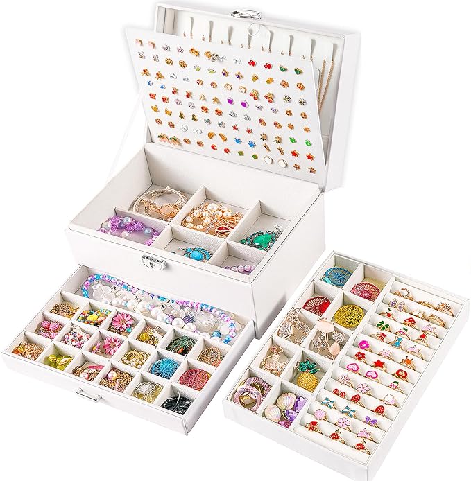 Earrings Jewelry Box for Girls, 5 Layers Jewelry Organizer with Earring Holder Organizer for Girls Earring Organizer Jewelry Boxes for Women Earrings and Necklaces Jewelry Box Organizer White