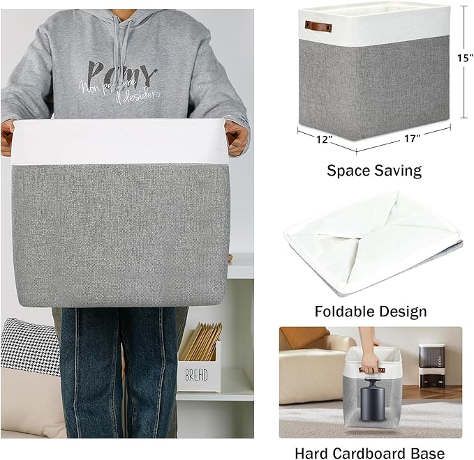 DULLEMELO Storage Baskets 17 inch Large Basket for Blanket Living Room, Foldable Storage Bins Baskets for Organizing [3 Pack] Blanket Storage Baskets Organizer for Home,Office,Closet(White&Grey)