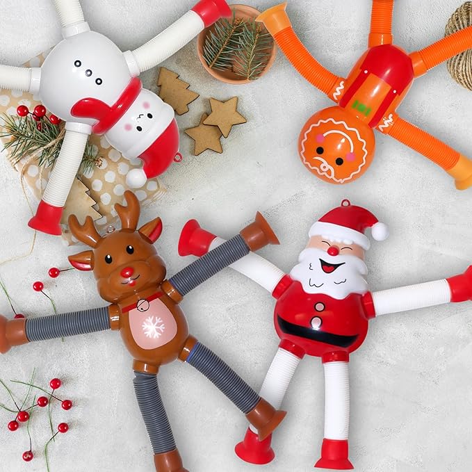 Christmas LED Pop Tubes Light Up 4 Pcs Sensory Fidget Toys, Telescopic Suction Cup Santa Toys Autism Christmas Party Favors Game Prizes Goody Bags Stocking Stuffers Treats for Kids 3+ (Christmas)