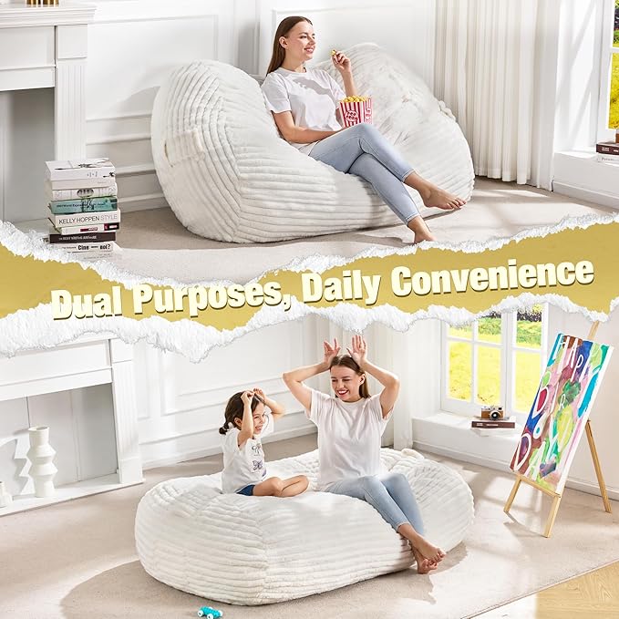 Hobestluk 4FT Bean Bag Chairs Adult Bean Bag with Portable Handle Comfy Large Bean Bag Chair with Removable Cover for Living Room Bedroom or Reading Nook (Stripe White, 4FT)