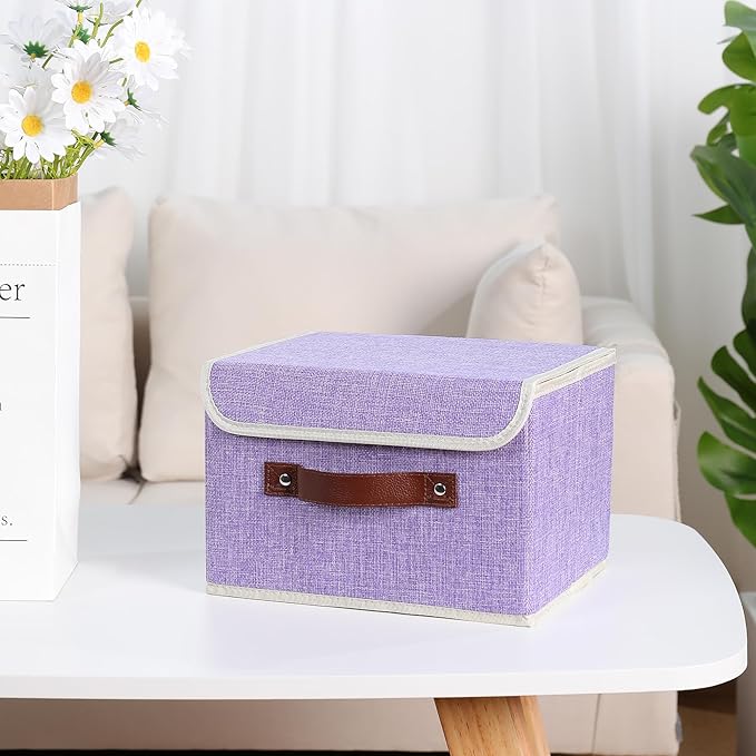ANMINY 4PCS Storage Bins with Lid PU Leather Handles Storage Boxes PP Plastic Board Decorative Foldable Lidded Cotton Linen Fabric Home Cubes Baskets Closet Organizer Containers - Purple, Small Size