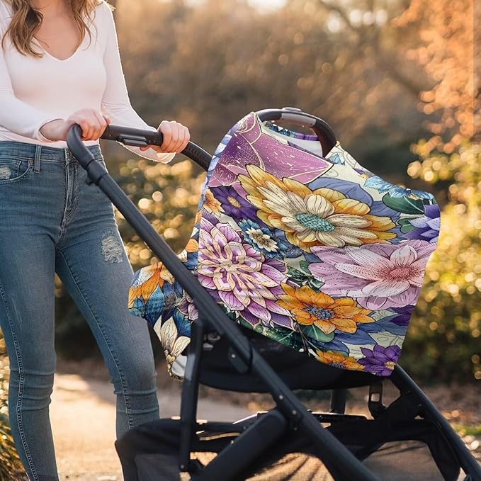 Binienty Durable Fabric Infants Carseat Canopies for Baby Girls Boys,Bohemian Flower Design, Baby Stroller Cover
