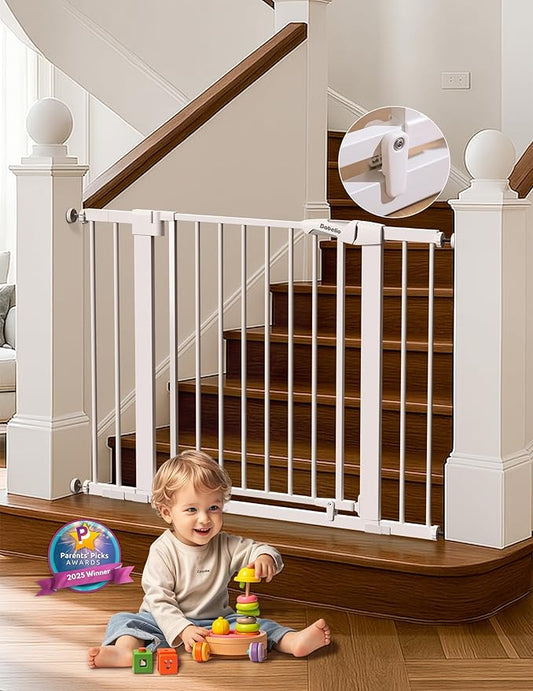 Babelio 29-43" Magnetic Baby Gate for Stairs,Doorways House,Kitchen,30" Tall Pet Barrier with Baffles,Pressure Mounted & Dual-Lock Design Safety for Kids Toddler,Auto-Close/Hold-Open,White