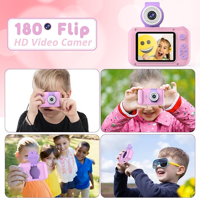 Kids Camera with 180° Flip-up Lens for Selfie & Video, HD Digital Video Cameras for Toddler with 32GB SD Card, Ideal for 3-8 Years Old Girls Boys on Birthday Christmas Party as Gift
