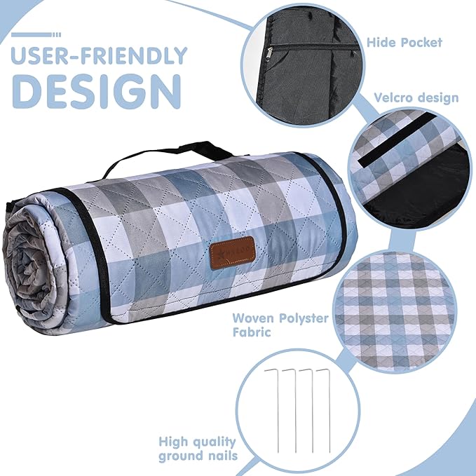 HX&OD Outdoor Picnic Blanket, Extra Large, 80''x80'' Waterproof Foldable Blankets Gingham Picnic Mat for Beach, Camping Grass Lawn Park Accessories Cute Couple Ideas Wedding (Coffee Color, 80”x80”)