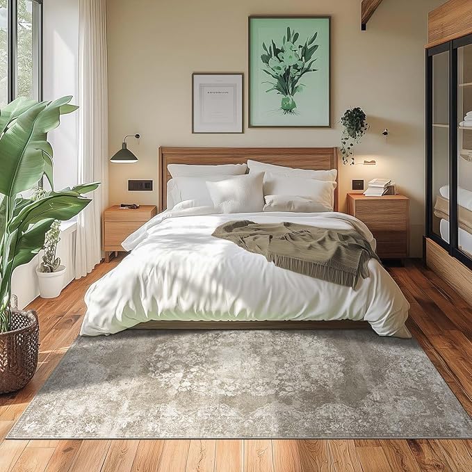 jinchan Washable Area Rug 6x9 for Living Room - Soft Faux Wool Ultra-Thin Stain Resistant Non-Slip Distressed Vintage Floral Large Carpet for Bedroom,Dining Room,Home Office,Nursery(Brown, 6'x9')