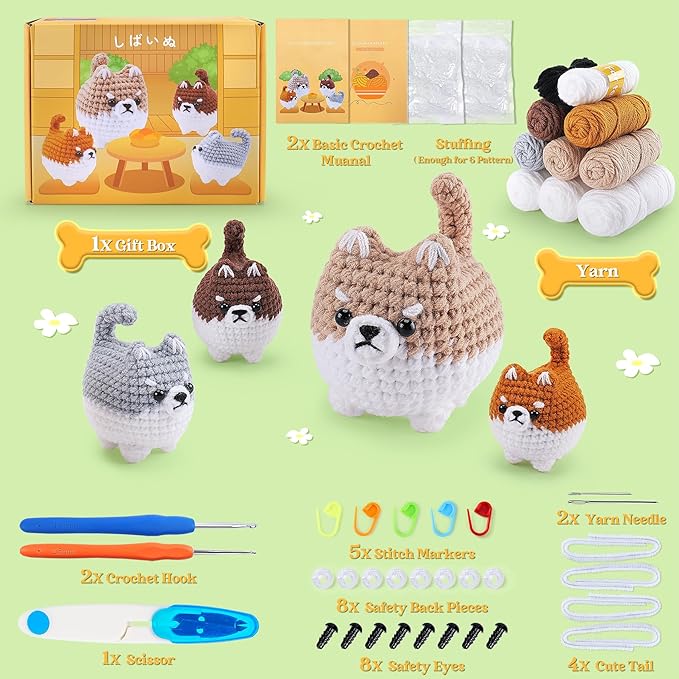 Crochet Kit for Beginners- 4 PCS Fat Shiba Inu Crochet Kits for Adults, 4PCS Corgi Dog Crochet Animal Kit with Step-by-Step Video Tutorials, Yarn, Crochet Hook, Instructions DIY Knitting Kit